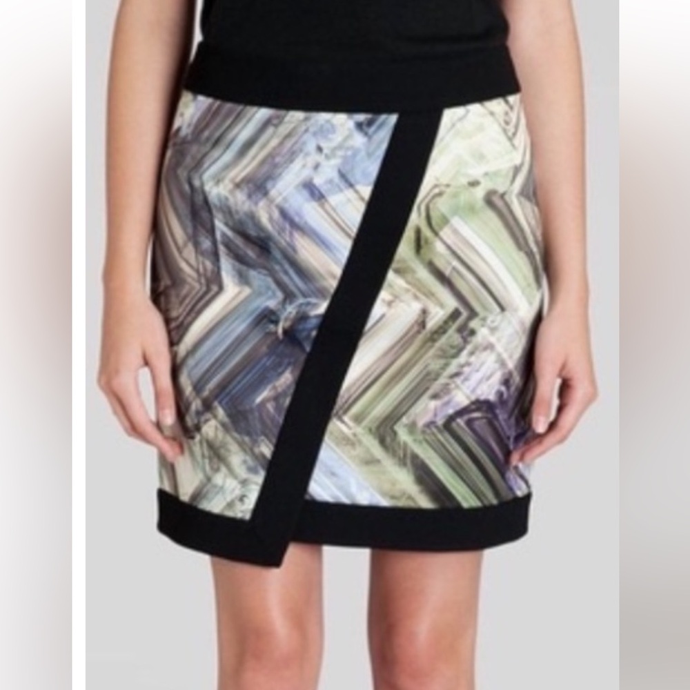 Ted Baker Asymmetrical Skirt with Abstract Green and Purple Pattern